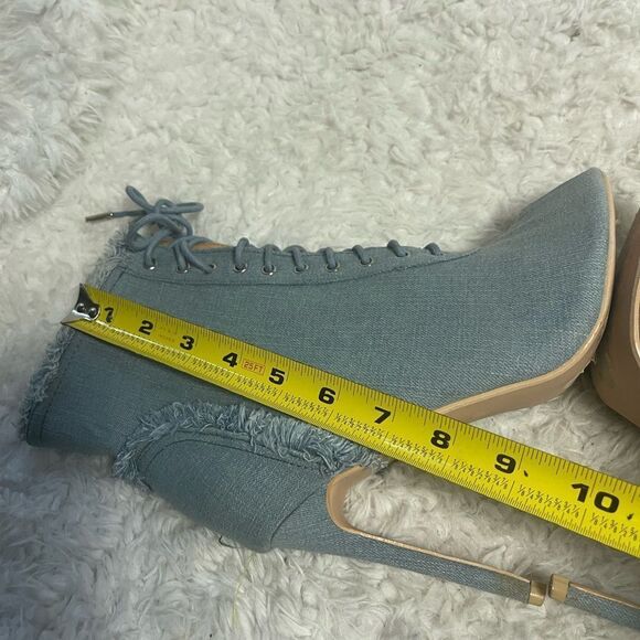 Bella Marie Frayed Denim Peep Toe Lace Up Stiletto Ankle Boots side zipper SZ10 - Picture 11 of 15
